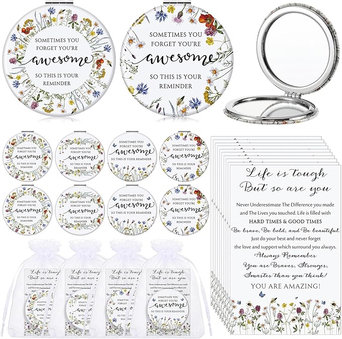 Geetery Inspirational Compact Mirror Gifts for Women Bulk Small Flower Makeup Pocket with Card Bag Double Sided Folding Mirror for Purse CNA Week Wedding Return Bridal Shower, 4 Styles(12 Sets)