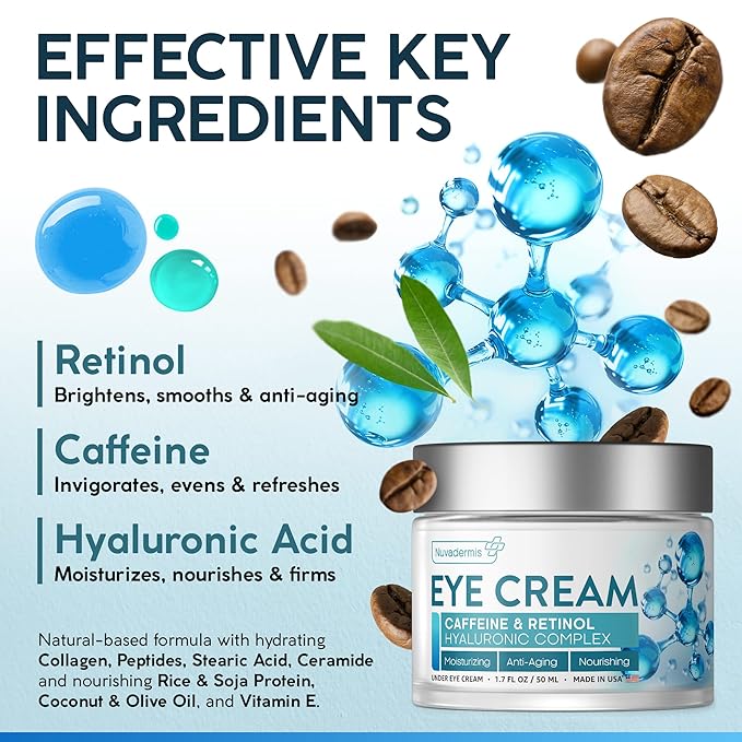 NUVADERMIS Caffeine Eye Cream with Retinol & Hyaluronic Complex β Anti-Aging Treatment β 1.7 oz β Made in the USA