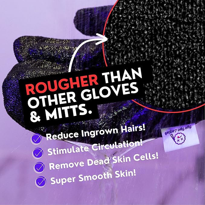 Deep Exfoliating Gloves for Body Scrub β 2-Pack Mitt for Men & Women, Black, KP Bump Eraser & Dead Skin Remover β Smooth, Radiant Skin Exfoliator β Loofah Alternative by Bye Bye Loofah