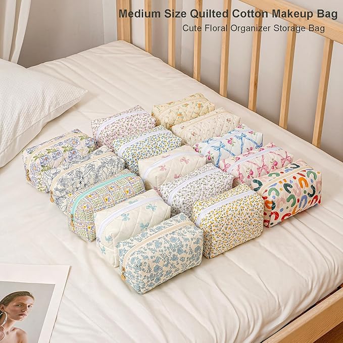 Gleyemor Small Quilted Makeup Bag for Women, Cute Floral Bow Cosmetic Bag, Emergency Bag Travel Toiletry Cotton Pouch Gifts for Girls Her Mom Friend Sister Bridesmaid (Purple Small Flower)