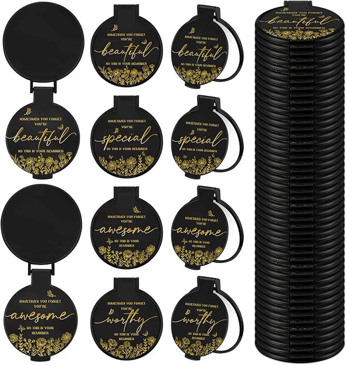 100 Pcs Inspirational Compact Mirror Bulk Small Pocket Mirror Purse Round Portable Folding Makeup Mirror Mini Compact Mirror Gifts for Women Coworker Employee Teacher(Black)
