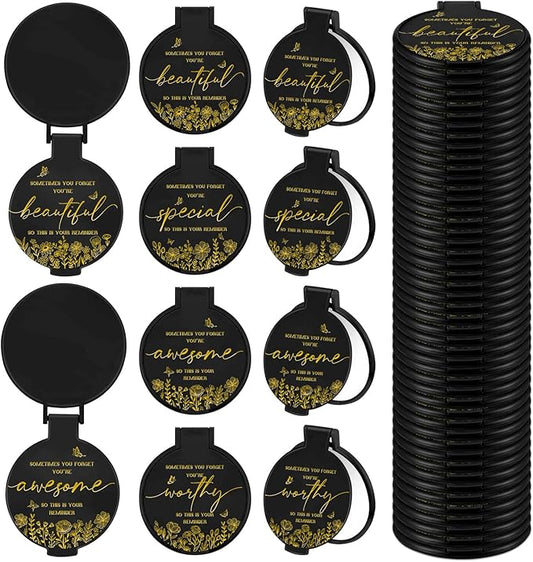 100 Pcs Inspirational Compact Mirror Bulk Small Pocket Mirror Purse Round Portable Folding Makeup Mirror Mini Compact Mirror Gifts for Women Coworker Employee Teacher(Black)
