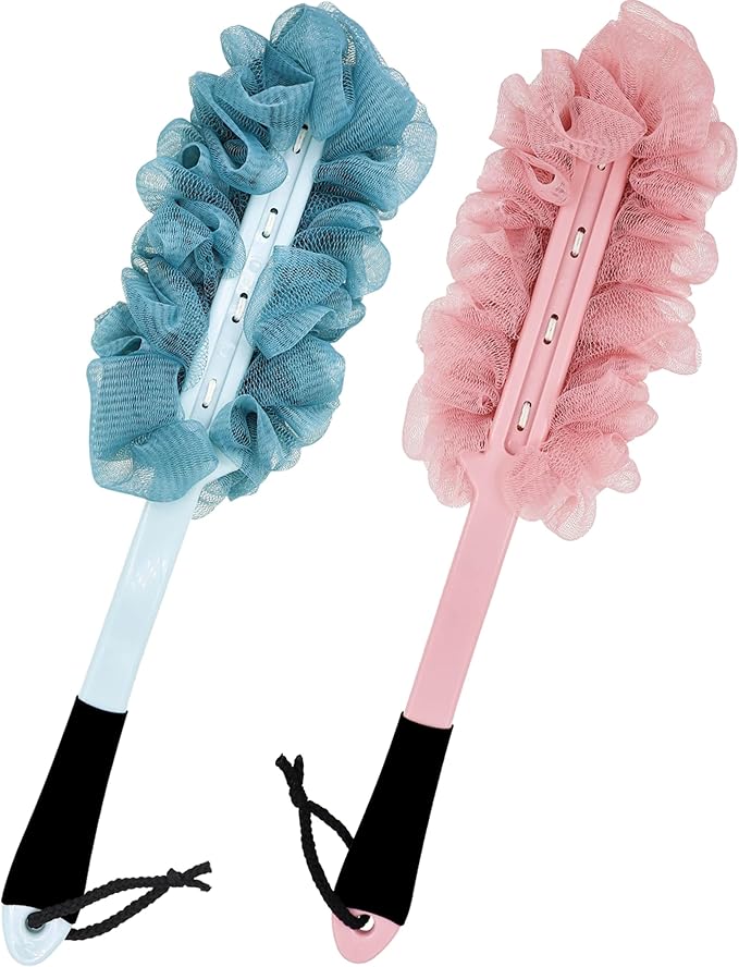 2Pack Back Scrubber for Shower, Loofah with Handle, Back Loofah Non-Slip Handle, Bath Body Brush, Scrub Cleaning Brush for Shower, Soft Mesh Sponge On a Stick for Men Women Elderly (Pink and Blue)