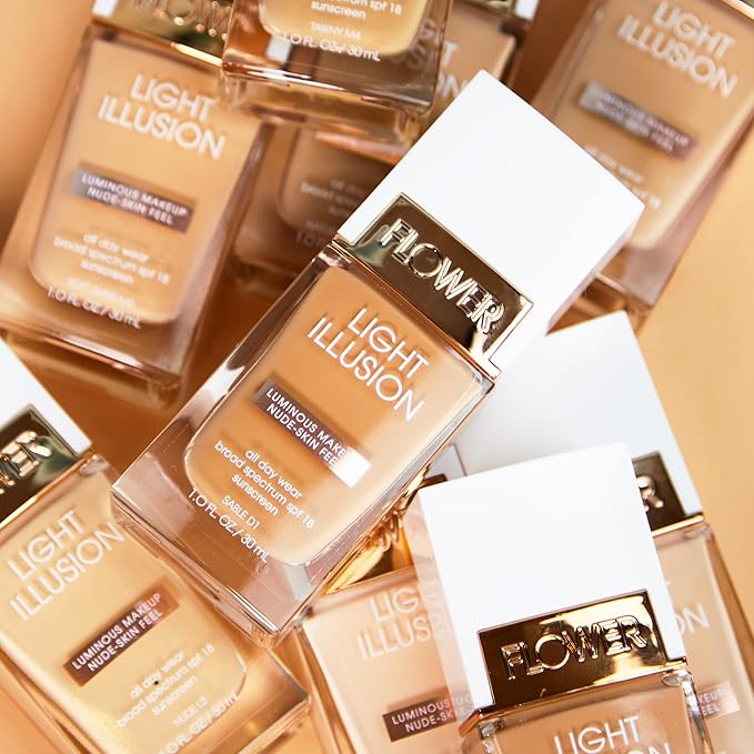 FLOWER BEAUTY By Drew Barrymore Light Illusion SPF Foundation - Blendable + Buildable - Natural Finish - Lightweight Formula (Mocha)