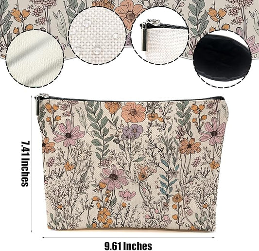 2pcs Vintage Floral Makeup Bag, Daisy Flower Cosmetic Bag Garden Gifts for Women Female Girls Sister BFF Nature Lover, Travel Zipper Pouch Christmas Thanksgiving Birthday Gifts