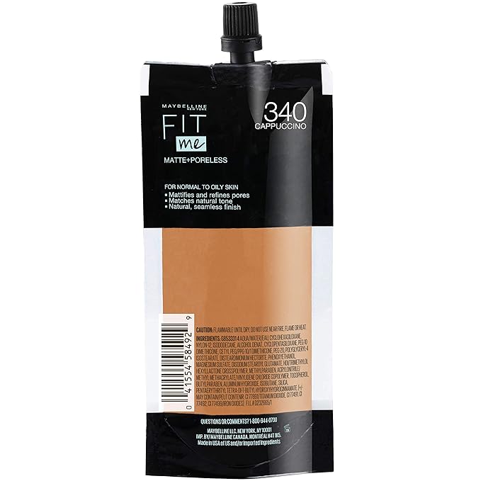Maybelline New York Fit Me Matte + Poreless Liquid Foundation, Pouch Format, 340 Cappuccino, 1.3 Ounce