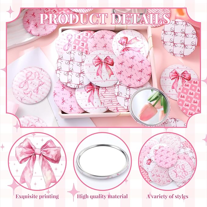 Geelin 24 Pcs Pink Compact Mirror Bulk Coquette Portable Aesthetic Mini Mirror Bulk Pink Bow Party Favors for Purse Pocket Travel Present Women Birthday Gift Wedding Bridal Shower Grad Mom