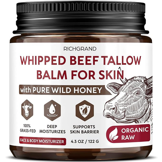 Beef Tallow for Skin โ Whipped Tallow and Honey Balm with Grass-Fed Beef Tallow โ Organic Daily Tallow Face Moisturizer & Body Balm โ Deep Nourishment for Dry, Cracked, Sensitive Skin - 4.3 OZ