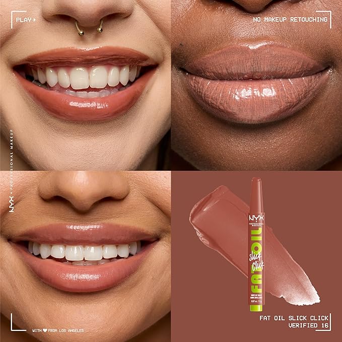 NYX PROFESSIONAL MAKEUP Fat Oil Slick Click, Lightweight, Buildable Pigmented Vegan Lip Balm - Verified (Nude)