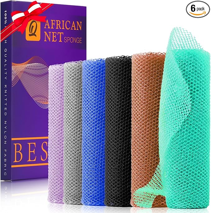 6 Pieces African Bath Sponge African Net Long Net Bath Sponge Exfoliating Shower Body Scrubber Back Scrubber Skin Smoother,Great for Daily Use (Purple, Gray, Blue, Black, Brown, Green)