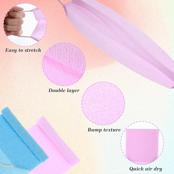 2 Pcs Back Scrubber for Shower, Back Washer with Handles for Men & Women, Double-Side Use Exfoliate Washcloth Bath Tool to Scrub Your Body (Pink and Blue)