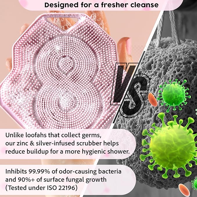 Lintach™ Silicone Body Scrubber – Gentle Exfoliating Body Scrubber – Ergonomic Shower and Bath Brush for Men and Women – Reusable and Food-Grade Silicone Brush for Smooth, Supple Skin, (Rose Pink)