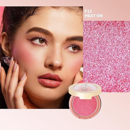 Oulac Pink Luminisers Powdery Blusher for Cheeks Face Glow,Brighten Skin As Highlighter Makeup, Shimmer Blusher,Buildable and Vegan Cosmetics,4.8g F11 Heat On
