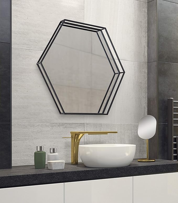 Kate and Laurel Felicia Modern Hexagon Mirror, 30" x 30", Black, Geometric Accent Mirror for Wall