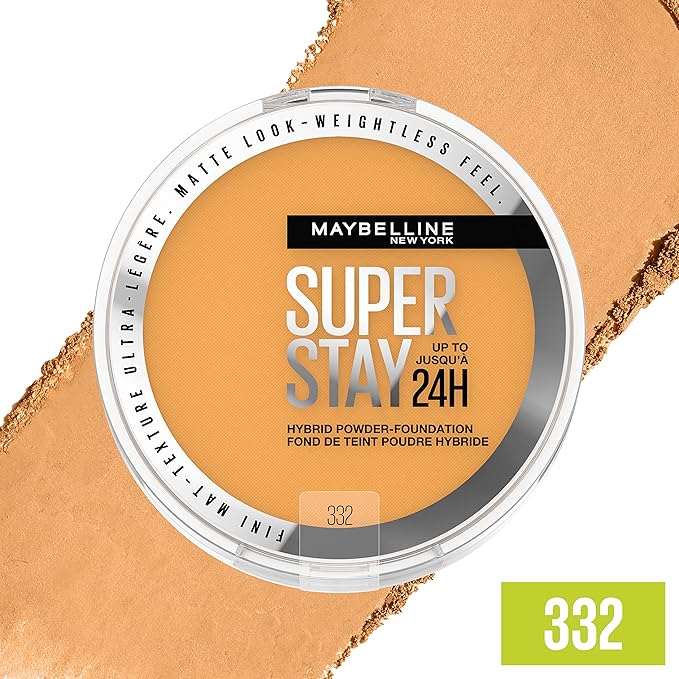 Maybelline Super Stay Up to 24HR Hybrid Powder-Foundation, Medium-to-Full Coverage Makeup, Matte Finish, 332, 1 Count