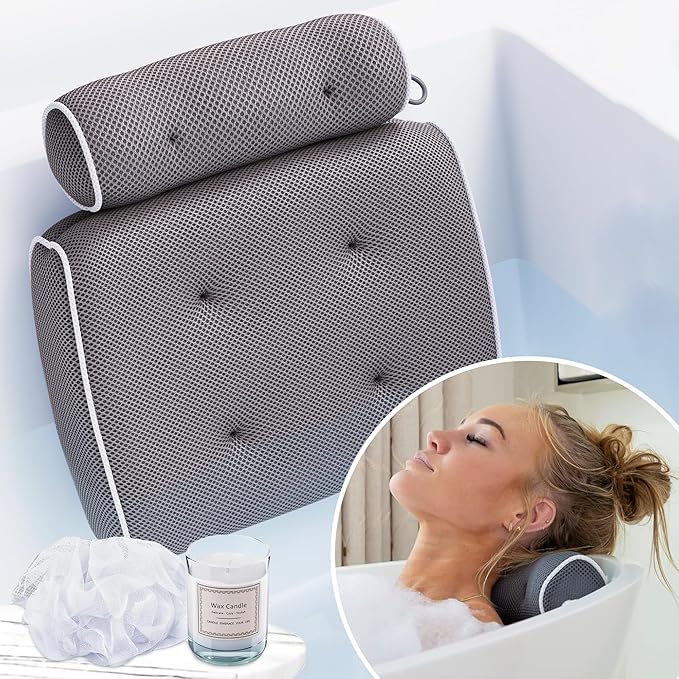 SunSerenity Luxury Bath Pillow - Relaxing Tub Accessory for Head and Back, Unscented Candle, Sponge Loofah, Laundry Bag, & Suction Tool (White on Grey)