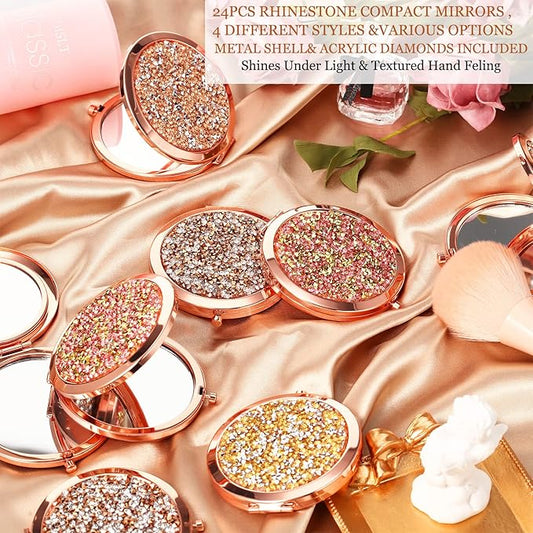 Cindeer 24 Pcs Small Compact Mirror Folding Pocket Makeup Round Hand Held Cosmetic Magnifying Compact Rhinestone Mirror with 1X/2X Magnification for Women Girls Travel (Multi Colors)