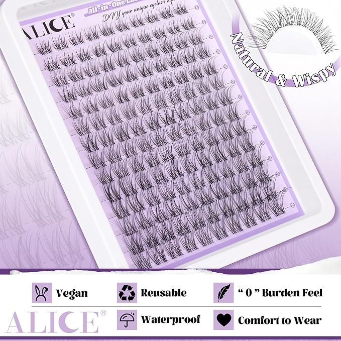 ALICE Lash Clusters Kit Natural Wispy Lash Extension Kit Clear Band Cluster Eyelash Extensions 140pcs 8-16mm Individual Lashes with Lash Glue Bond and Seal and Tweezers DIY at Home