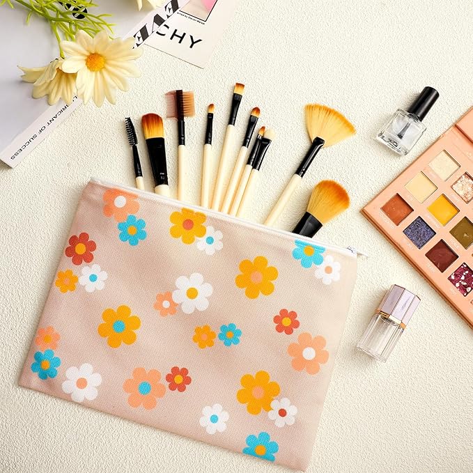 Kajaia 12 Pcs Daisy Floral Makeup Bags Bulk Fall Autumn Cosmetic Toiletry Bags Cute Portable Travel Purse Organizer Storage Zipper Pouch for Thanksgiving Christmas Women Adult Aesthetic Stuff