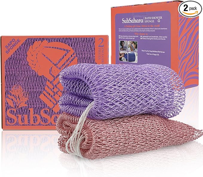 SubSahara Authentic African Net Sponge - 2 Pieces Exfoliating Scrubber for All Skin Types, Bath Sponge for Face & Body, Travel Portable, Durable, Gentle Exfoliation (Blush Pink & Lavender Purple)