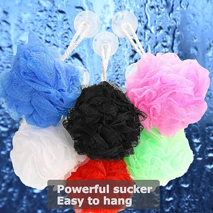 Star Brand Long Lasting Bath Sponge 6 Counts | 60g Heavy Bath Mesh Pouf with Suction Cup | Big Shower Sponge and Loofahs | Holding Up Bathing Exfoliator and Body Scrubber