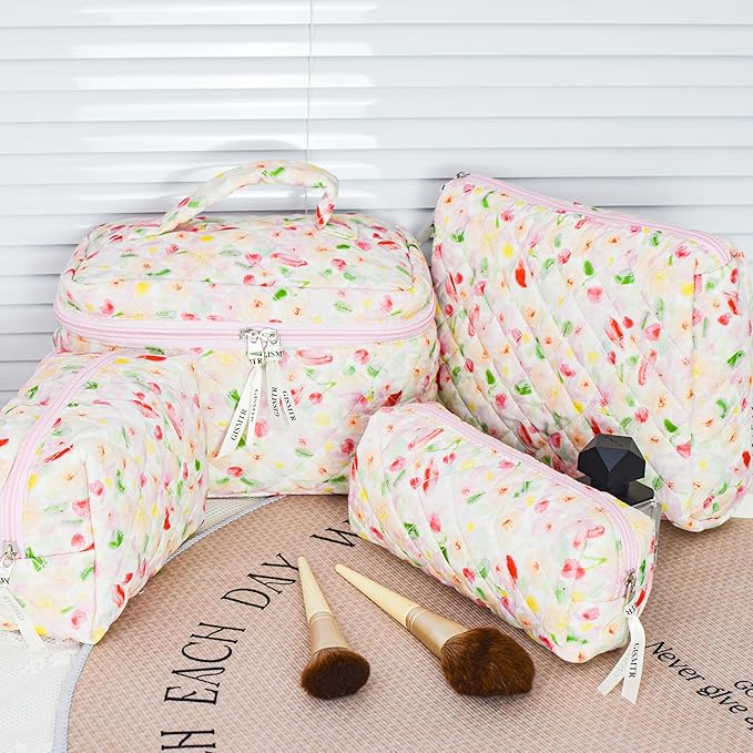 4Pcs Quilted Makeup Bag Set Cute Floral Cosmetic Bag Cotton Coquette Make up Bag Aesthetic Travel Toiletry Bag for Women Girls