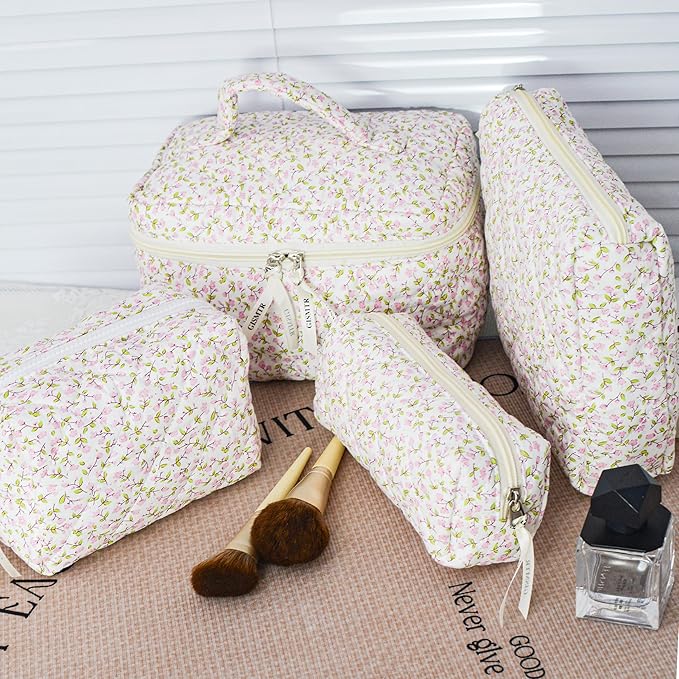 4Pcs Quilted Makeup Bag Set Cute Floral Cosmetic Bag Cotton Coquette Make up Bag Aesthetic Travel Toiletry Bag for Women Girls