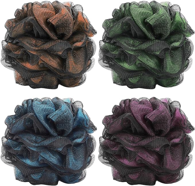 Loofah Bath and Shower Sponge Pouf, Mesh Brush Ball Exfoliating Body Scrubber Ball Pack of 4 (60g/pcs)