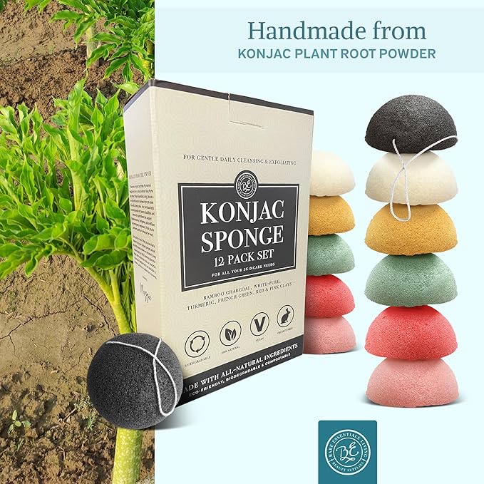 Bare Essentials Living - Konjac Sponges Set (12 Pack) with Activated Bamboo Charcoal Facial Sponge, Natural, Great for Facials, Bath, and Exfoliating Body Sponge