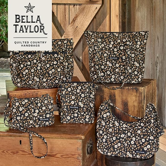 Bella Taylor Large Quilted Cotton Makeup Pouch for Women, Travel Cosmetic Bag, Quilted Cotton Vintage Vine Midnight Black Floral