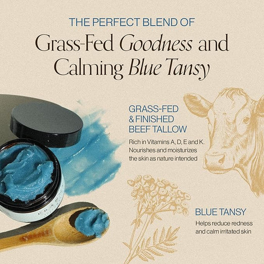 Beef Tallow For Face & Body | Grass Fed & Finished Beef Tallow Balm Infused with Essential Oils (Lavender, Jojoba, Blue Tansy) | Face Moisturizer to Revitalize and Nourish Skin - 2 oz
