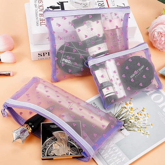 6 Pack Mini Zipper Mesh Makeup Bags, Heart Print Nylon Cosmetic Bags Toiletry Bags for Office Travel Organization (Purple, XS)