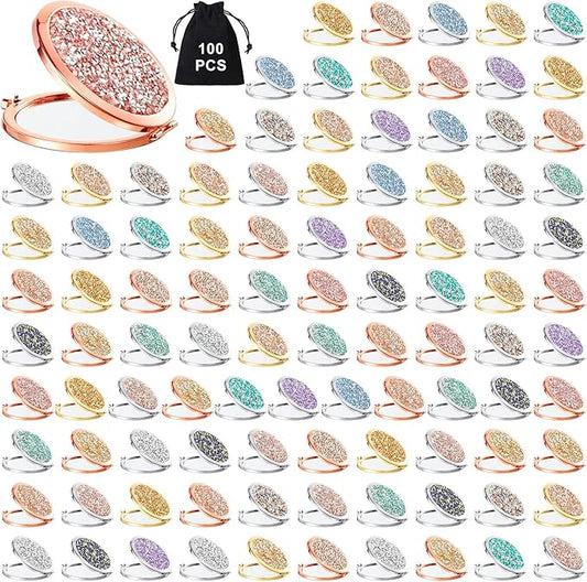 Cindeer 100 Pcs Small Compact Mirror Folding Pocket Makeup Round Hand Held Cosmetic Magnifying Compact Rhinestone Mirror with 1X/2X Magnification for Women Girls Travel (Vintage Colors)