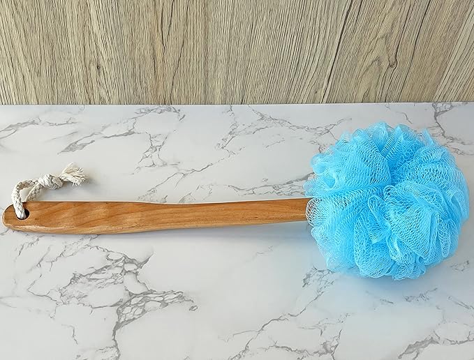 Shower Loofah Body & Back Scrubber - Exfoliating Loofah luffa Bath Brush On a Stick - with Long Wooden Handle Back Brush for Men & Women - Easy Reach Body Wash & Lotion ApplicatorοΌ 2 Pack- BlueοΌ