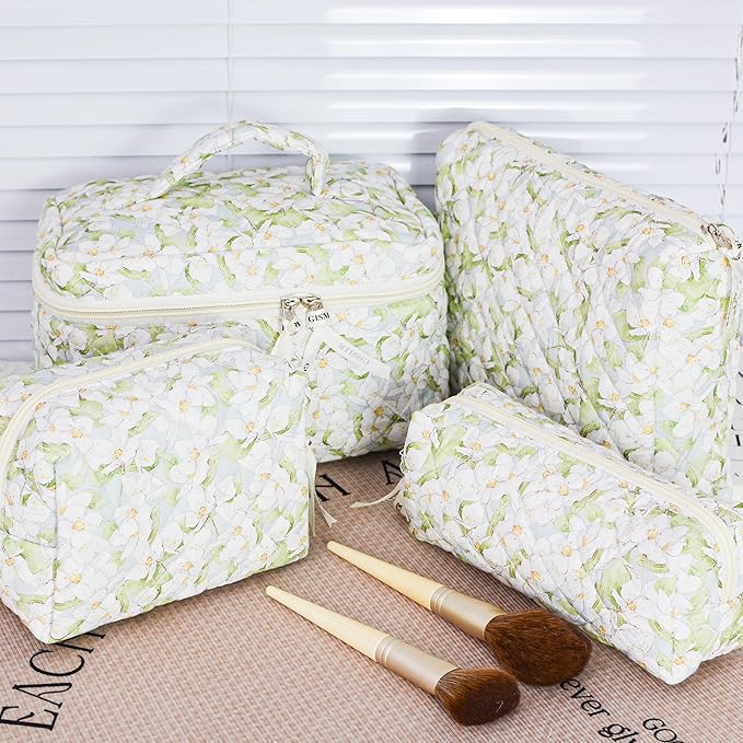 4Pcs Quilted Makeup Bag Set Cute Floral Cosmetic Bag Cotton Coquette Make up Bag Aesthetic Travel Toiletry Bag for Women Girls