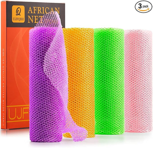 4 Pieces African Net Sponge African Net Long Net Bath Sponge Exfoliating Shower Body Scrubber Back Scrubber Skin Smoother,Great for Daily Use (Purple, Orange, Green, Pink)