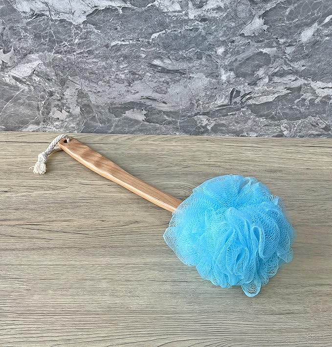 Shower Loofah Body & Back Scrubber - Exfoliating Loofah luffa Bath Brush On a Stick - with Long Wooden Handle Back Brush for Men & Women - Easy Reach Body Wash & Lotion ApplicatorοΌ 2 Pack- BlueοΌ