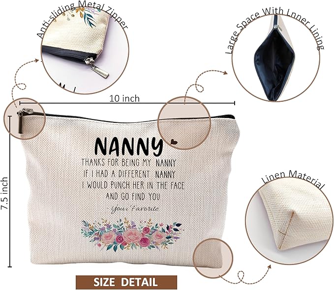 Funny Nanny Gifts Makeup Cosmetic Bag - Mother's Day, Birthday Gifts for Nanny, Grandma - Floral Small Makeup Bag for Purse