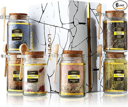 Bath Salts Christmas Gift Set with Lavender, Arabica Coffee, Mango, Sugar, Himalayan & Coconut, 6pc Bath Soaks, Relaxing Spa Salt with Essential Oils, Vitamin E, Jojoba Oil, Shea Butter, Fresh Herbs