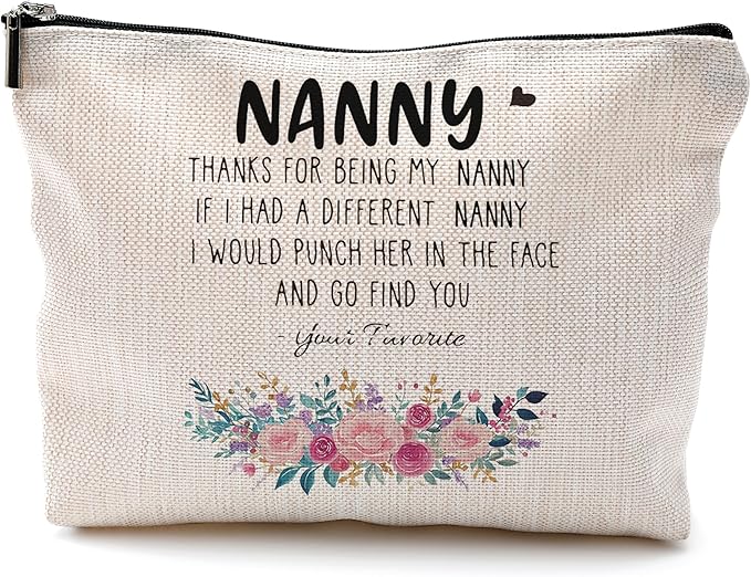 Funny Nanny Gifts Makeup Cosmetic Bag - Mother's Day, Birthday Gifts for Nanny, Grandma - Floral Small Makeup Bag for Purse