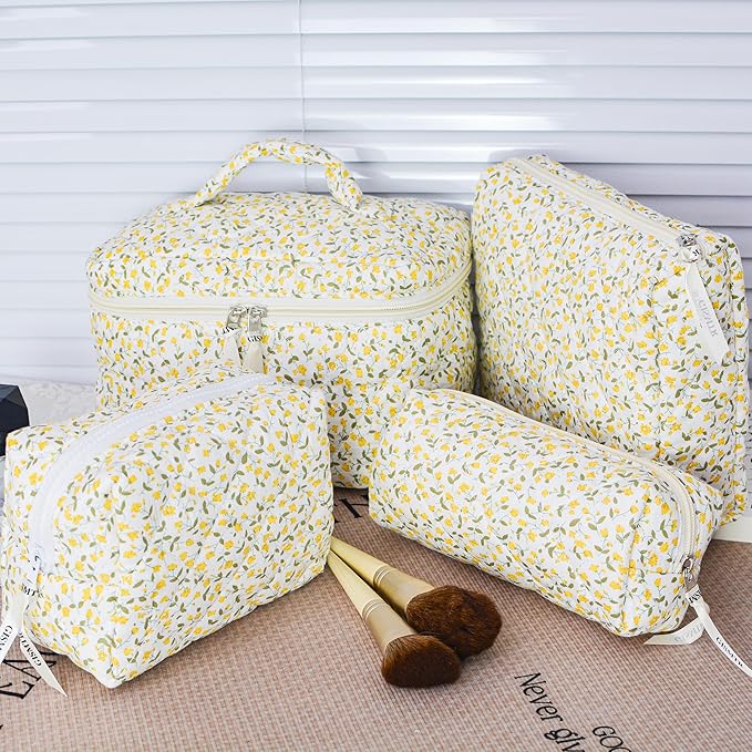 4Pcs Quilted Makeup Bag Set Cute Floral Cosmetic Bag Cotton Coquette Make up Bag Aesthetic Travel Toiletry Bag for Women Girls
