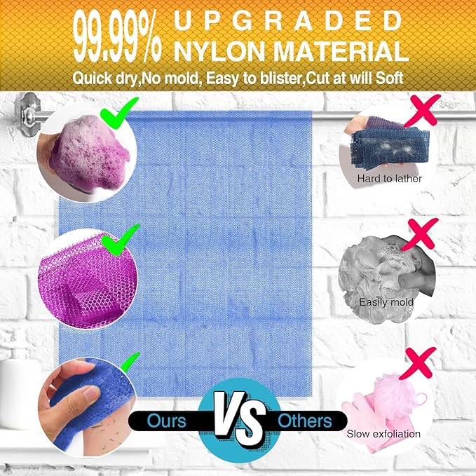 UJFQBH 6 Pieces African Net Sponge Long Bath Sponge Exfoliating Shower Body Scrubber for Daily Use, Terrific for Smoother Skin - Back Scrubber for a Refreshing Experience (Purple - Orange)