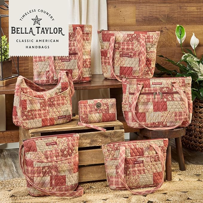 Bella Taylor Large Makeup Pouch for Women | Quilted Cotton Cosmetic Bag for Travel and Organization | Burgundy Patch