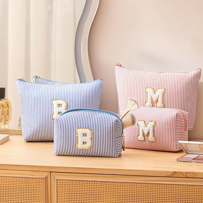 Blue Personalized Initial Makeup Bag Set, Cute Preppy Travel Toiletry Cosmetic Bags, Small Make Up Pouch, Birthday Gifts for Women, Girls, Friends, (E)