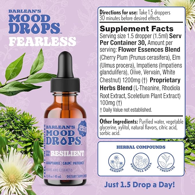 Barlean's Mood Booster Supplement, Resilient L Theanine Liquid Drop Supplements for Men and Women, Adaptogen Herbs Drops, 1.5 oz