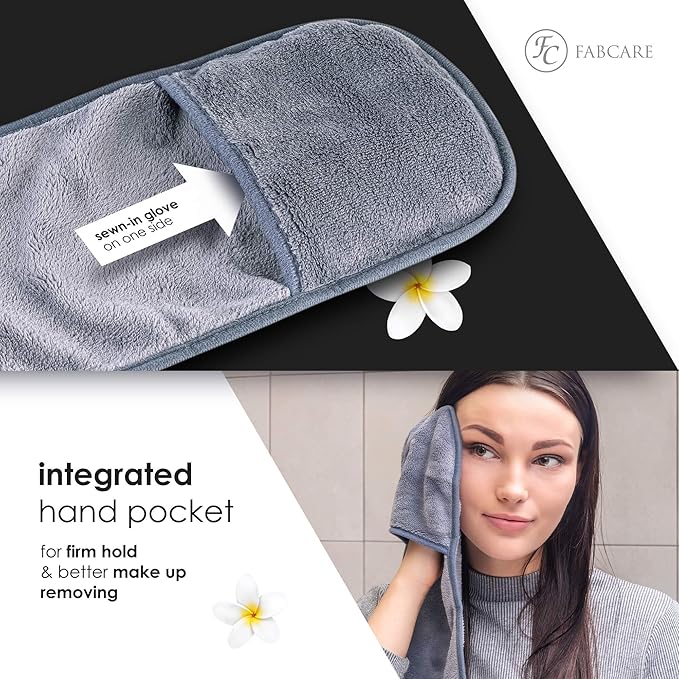 FABCARE Makeup Remover Cloth Microfibre (4 Pieces) - DERMATEST Very Good - Washable up to 95Β°C - Integrated Removal Glove for Face - Reusable and Washable Microfibre Cloths for Skincare