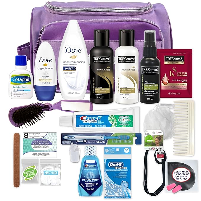 Convenience Kits International Womenβs Super Premium 31 PC Travel Kit Featuring: Ensemble of Travel-Size Hair Care Products Plus Face, Body, Oral Care, Travel Essentials in Large Purple Toiletry Bag