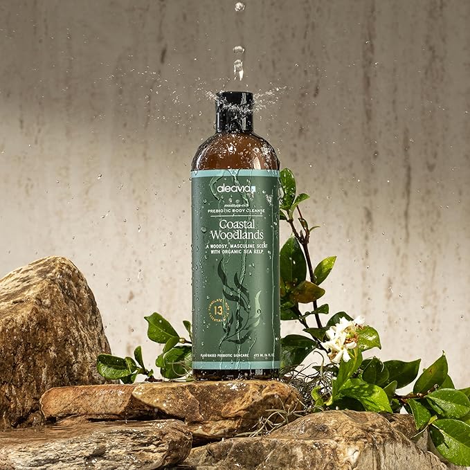 Aleavia Coastal Woodlands Mens Body Cleanse β Organic & All-Natural Prebiotic Body Wash for Men, Woodsy Notes Scented with 13 Essential Oils, β Nourish Your Skin Microbiome β 16 Oz.