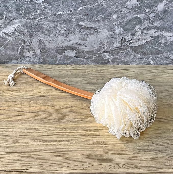 Shower Loofah Body & Back Scrubber - Exfoliating Loofah luffa Bath Brush On a Stick - with Long Wooden Handle Back Brush for Men & Women - Easy Reach Body Wash & Lotion ApplicatorοΌ 2 Pack- WhiteοΌ