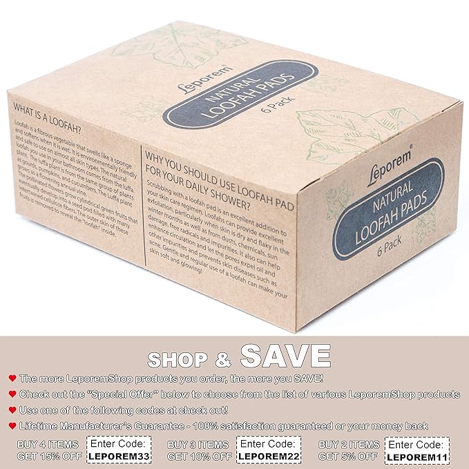 6 Pack Premium Bath Loofah Pads - 6 Inch, 100% Natural Exfoliating Shower Sponge Scrubber, Perfect for Men & Women Body Wash, Luxurious Luffa Loofah Body Scrubber